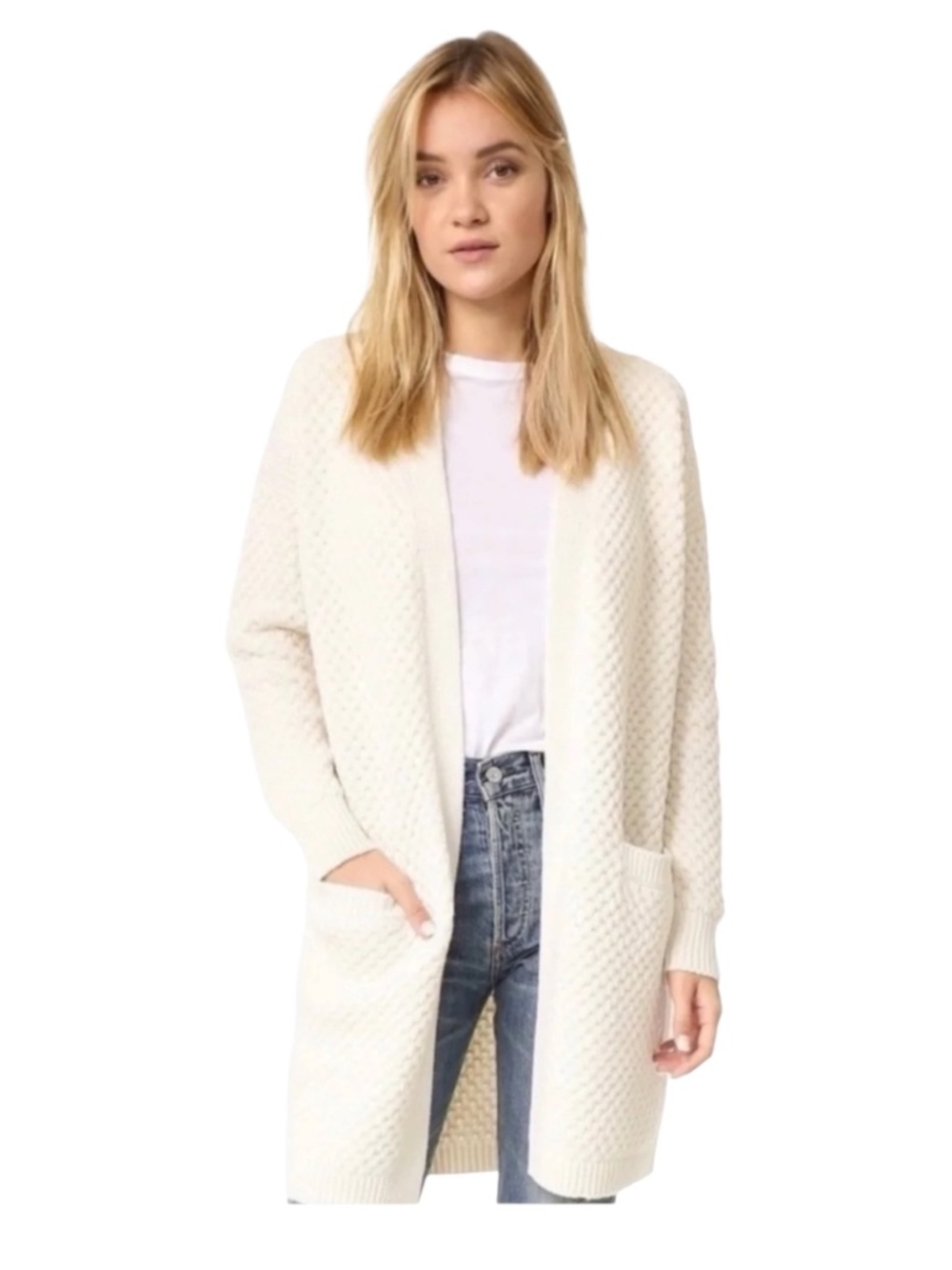 Vince Honeycomb Knit Longline Cardigan Sweater Wool Yak Blend Cream XS Old Money